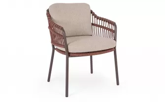 Brązowe krzesło obiadowe na taras TALAIA stal nierdzewna lina polipropylenowa poduszki Olefin