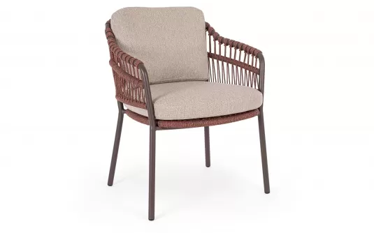 Brązowe krzesło obiadowe na taras TALAIA stal nierdzewna lina polipropylenowa poduszki Olefin