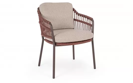 Brązowe krzesło obiadowe na taras TALAIA stal nierdzewna lina polipropylenowa poduszki Olefin