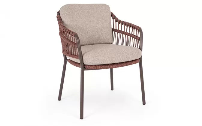 Brązowe krzesło obiadowe na taras TALAIA stal nierdzewna lina polipropylenowa poduszki Olefin