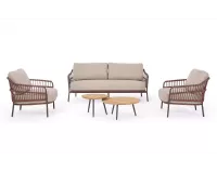 Brązowy zestaw sofa i fotele ze stolikami na taras TALAIA stal nierdzewna lina polipropylenowa teak