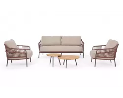 Brązowy zestaw sofa i fotele ze stolikami na taras TALAIA stal nierdzewna lina polipropylenowa teak