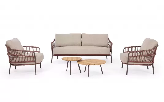 Brązowy zestaw sofa i fotele ze stolikami na taras TALAIA stal nierdzewna lina polipropylenowa teak