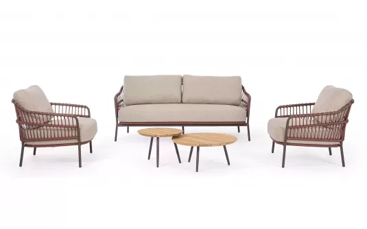 Brązowy zestaw sofa i fotele ze stolikami na taras TALAIA stal nierdzewna lina polipropylenowa teak Brązowy zestaw sofa i fotele ze stolikami na taras TALAIA stal nierdzewna lina polipropylenowa teak