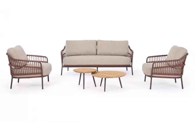 Brązowy zestaw sofa i fotele ze stolikami na taras TALAIA stal nierdzewna lina polipropylenowa teak