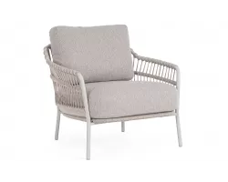 Szarobeżowy fotel ogrodowy TALAIA z oplotem z liny poliprop w kolorze bordowobrązowym  / beżowe poduszki bizzotto