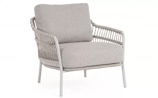 Szarobeżowy fotel ogrodowy TALAIA z oplotem z liny poliprop w kolorze bordowobrązowym  / beżowe poduszki bizzotto