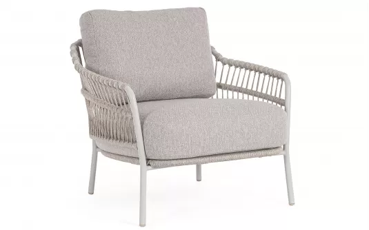 Szarobeżowy fotel ogrodowy TALAIA z oplotem z liny poliprop w kolorze bordowobrązowym / beżowe poduszki bizzotto Szarobeżowy fotel ogrodowy TALAIA z oplotem z liny poliprop w kolorze bordowobrązowym / beżowe poduszki bizzotto