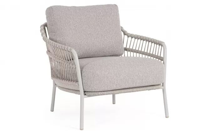 Szarobeżowy fotel ogrodowy TALAIA z oplotem z liny poliprop w kolorze bordowobrązowym  / beżowe poduszki bizzotto