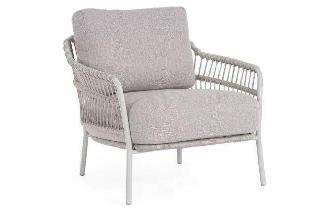 Szarobeżowy fotel ogrodowy TALAIA z oplotem z liny poliprop w kolorze bordowobrązowym  / beżowe poduszki bizzotto