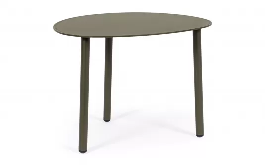 Oliwkowy owalny stolik kawowy na taras SPARKY 55x45 na 3 nogach bizzotto