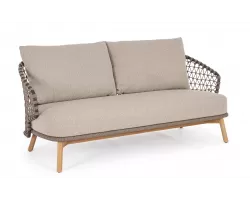 Beżowa sofa ogrodowa 2,5-osobowa EULARIA podstaw drewno teak / aluminium antracyt / beżowe poduszki Olefin