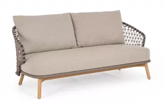 Beżowa sofa ogrodowa 2,5-osobowa EULARIA podstaw drewno teak / aluminium antracyt / beżowe poduszki Olefin