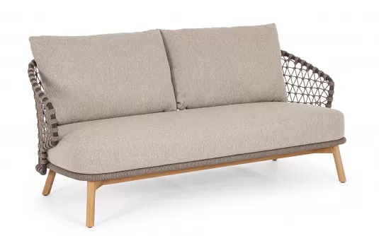 Beżowa sofa ogrodowa 2,5-osobowa EULARIA podstaw drewno teak / aluminium antracyt / beżowe poduszki Olefin