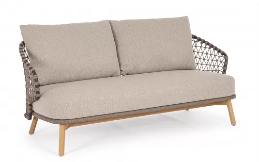 Beżowa sofa ogrodowa 2,5-osobowa EULARIA podstaw drewno teak / aluminium antracyt / beżowe poduszki Olefin