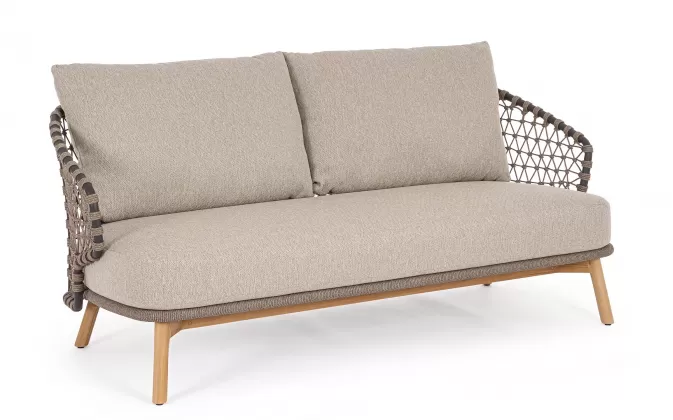 Beżowa sofa ogrodowa 2,5-osobowa EULARIA podstaw drewno teak / aluminium antracyt / beżowe poduszki Olefin