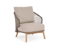 Beżowy fotel na taras EULARIA podstawa drewno teak / aluminium antracyt / beżowe poduszki Olefin