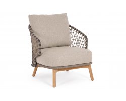 Beżowy fotel na taras EULARIA podstawa drewno teak / aluminium antracyt / beżowe poduszki Olefin