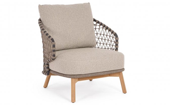 Beżowy fotel na taras EULARIA podstawa drewno teak / aluminium antracyt / beżowe poduszki Olefin