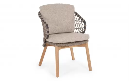 2x Beżowe krzesło stołowe ogrodowe EULARIA podstawa drewno teak / aluminium antracyt / beżowe poduszki Olefin