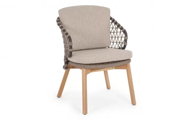 2x Beżowe krzesło stołowe ogrodowe EULARIA podstawa drewno teak / aluminium antracyt / beżowe poduszki Olefin