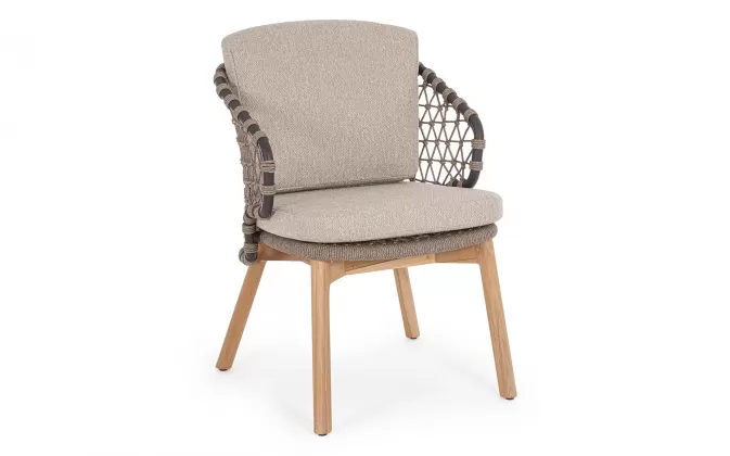 2x Beżowe krzesło stołowe ogrodowe EULARIA podstawa drewno teak / aluminium antracyt / beżowe poduszki Olefin