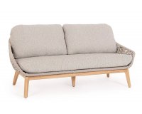 Sofa ogrodowa TAMIRES podstawa teak / siedzenie lina polipropylenowa beżowa / poduszki szarobezowe Olefin