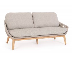 Sofa ogrodowa TAMIRES podstawa teak / siedzenie lina polipropylenowa beżowa / poduszki szarobezowe Olefin