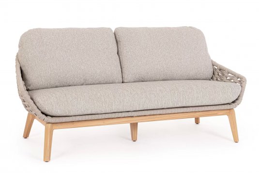 Sofa ogrodowa TAMIRES podstawa teak / siedzenie lina polipropylenowa beżowa / poduszki szarobezowe Olefin