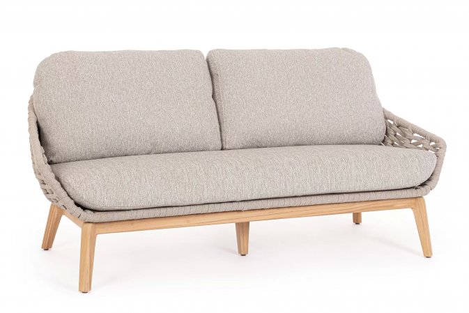 Sofa ogrodowa TAMIRES podstawa teak / siedzenie lina polipropylenowa beżowa / poduszki szarobezowe Olefin
