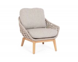 Fotel na taras TAMIRES podstawa teak / siedzenie lina polipropylenowa beżowa / poduszki szarobeżowe Olefin