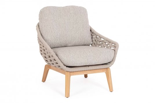 Fotel na taras TAMIRES podstawa teak / siedzenie lina polipropylenowa beżowa / poduszki szarobeżowe Olefin