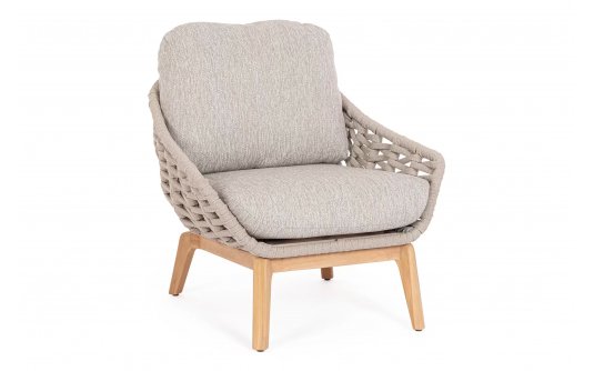 Fotel na taras TAMIRES podstawa teak / siedzenie lina polipropylenowa beżowa / poduszki szarobeżowe Olefin