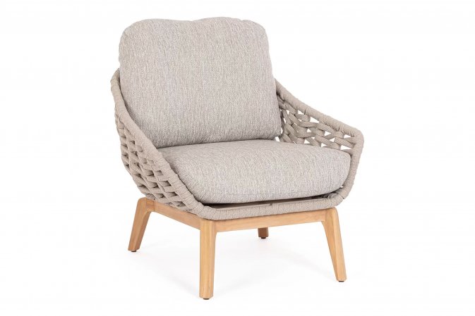 Fotel na taras TAMIRES podstawa teak / siedzenie lina polipropylenowa beżowa / poduszki szarobeżowe Olefin