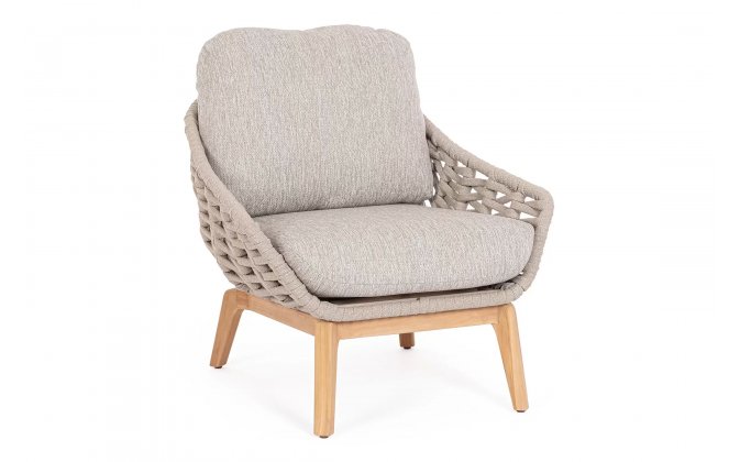 Fotel na taras TAMIRES podstawa teak / siedzenie lina polipropylenowa beżowa / poduszki szarobeżowe Olefin