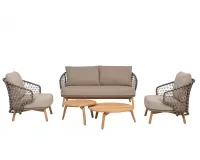 Beżowa sofa ogrodowa 2,5-osobowa EULARIA podstaw drewno teak / aluminium antracyt / beżowe poduszki Olefin