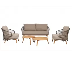 Beżowa sofa ogrodowa 2,5-osobowa EULARIA podstaw drewno teak / aluminium antracyt / beżowe poduszki Olefin