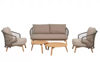 Beżowa sofa ogrodowa 2,5-osobowa EULARIA podstaw drewno teak / aluminium antracyt / beżowe poduszki Olefin