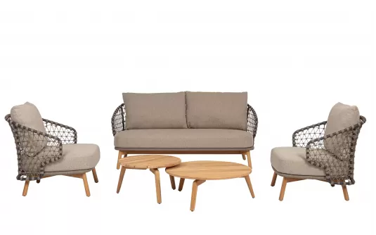 Beżowa sofa ogrodowa 2,5-osobowa EULARIA podstaw drewno teak / aluminium antracyt / beżowe poduszki Olefin Beżowa sofa ogrodowa 2,5-osobowa EULARIA podstaw drewno teak / aluminium antracyt / beżowe poduszki Olefin