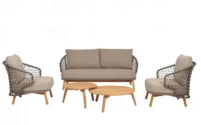Beżowa sofa ogrodowa 2,5-osobowa EULARIA podstaw drewno teak / aluminium antracyt / beżowe poduszki Olefin