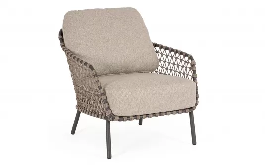 Beżowy nowoczesny fotel na taras IVISSA stal nierdzewna lina polipropylenowa Olefin bizzotto