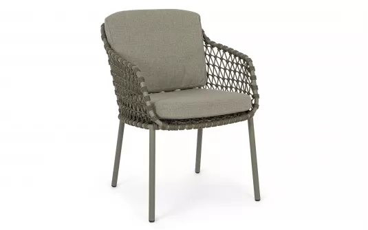 Ekskluzywne oliwkowe krzesło obiadowe IVISSA stal nierdzewna / lina polipropylenowa / poduszki Ekskluzywne oliwkowe krzesło obiadowe IVISSA stal nierdzewna / lina polipropylenowa / poduszki