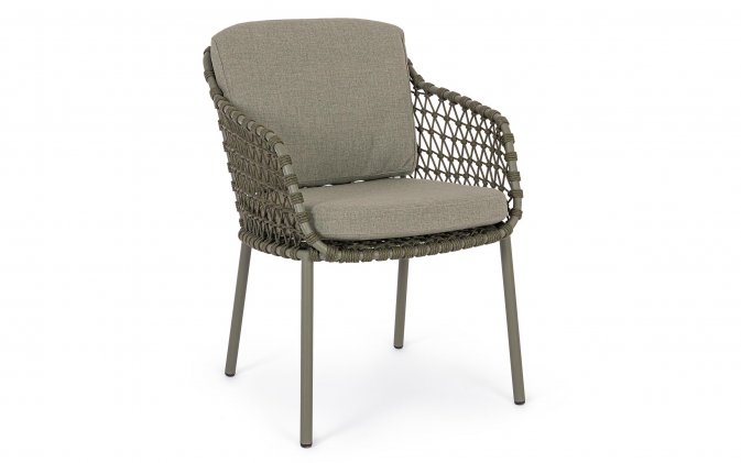 Ekskluzywne oliwkowe krzesło obiadowe IVISSA stal nierdzewna / lina polipropylenowa / poduszki