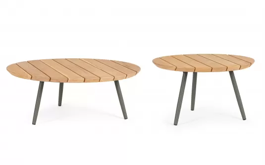 Zestaw dwóch stolików kawowych tarasowych IVISSA nogi stal oliwkowe / blat teak