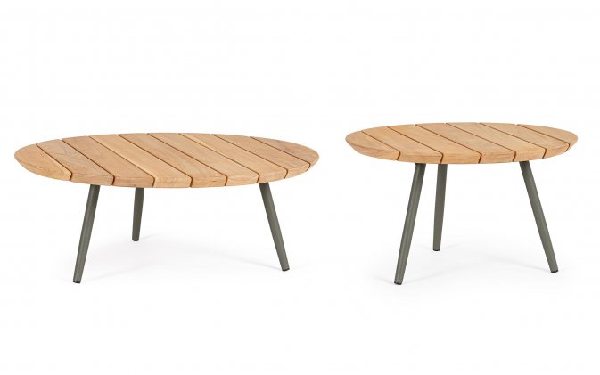 Zestaw dwóch stolików kawowych tarasowych IVISSA nogi stal oliwkowe / blat teak