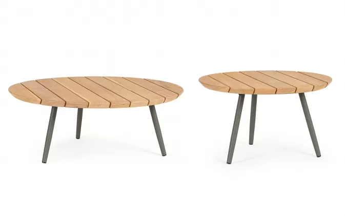 Zestaw dwóch stolików kawowych tarasowych IVISSA nogi stal oliwkowe / blat teak