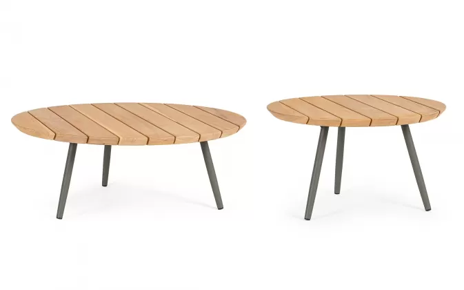 Zestaw dwóch stolików kawowych tarasowych IVISSA nogi stal oliwkowe / blat teak