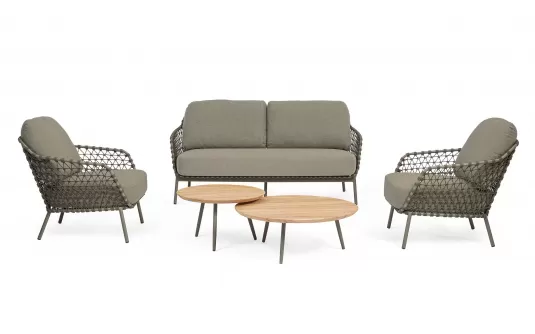 Oliwkowa nowoczesna sofa na taras IVISSA stal nierdzewna lina polipropylenowa Olefin bizzotto