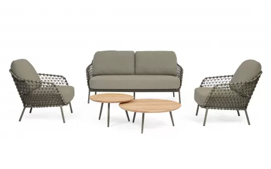 Oliwkowa nowoczesna sofa na taras IVISSA stal nierdzewna lina polipropylenowa Olefin bizzotto