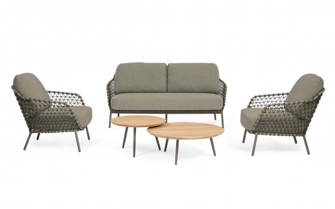 Oliwkowa nowoczesna sofa na taras IVISSA stal nierdzewna lina polipropylenowa Olefin bizzotto